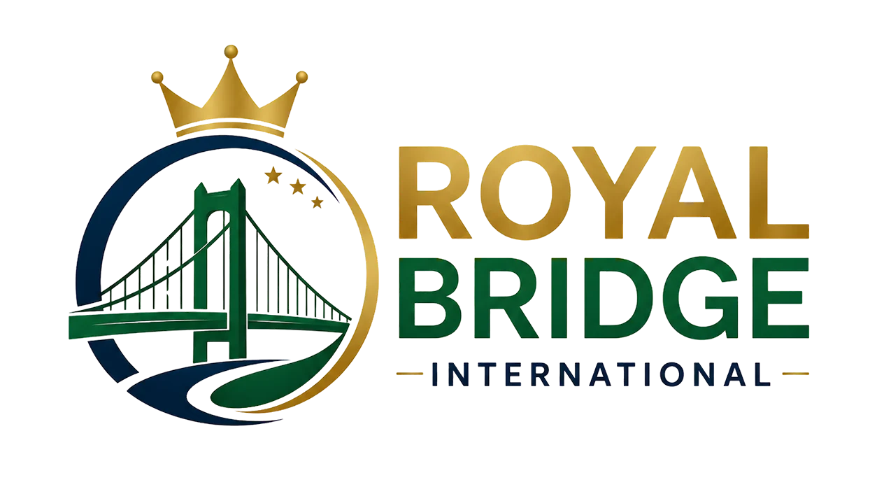 Royal Bridge International logo — bridge and crown emblem with tagline Connecting Communities, Delivering Solutions, Building a Sustainable Future